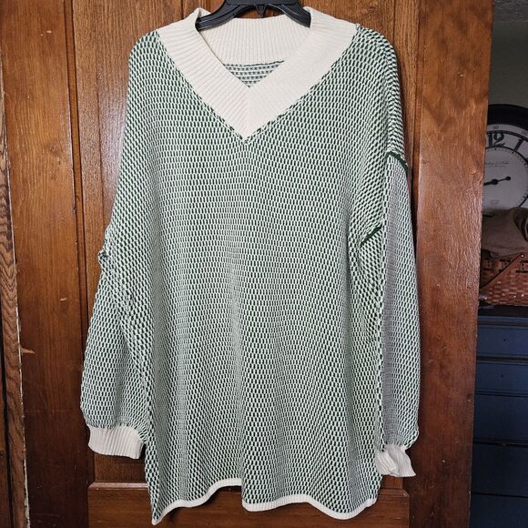 Designer Inspired Oversized V Neck LS Drop Shoulder Tunic Tops Green Sweater M - Picture 1 of 5